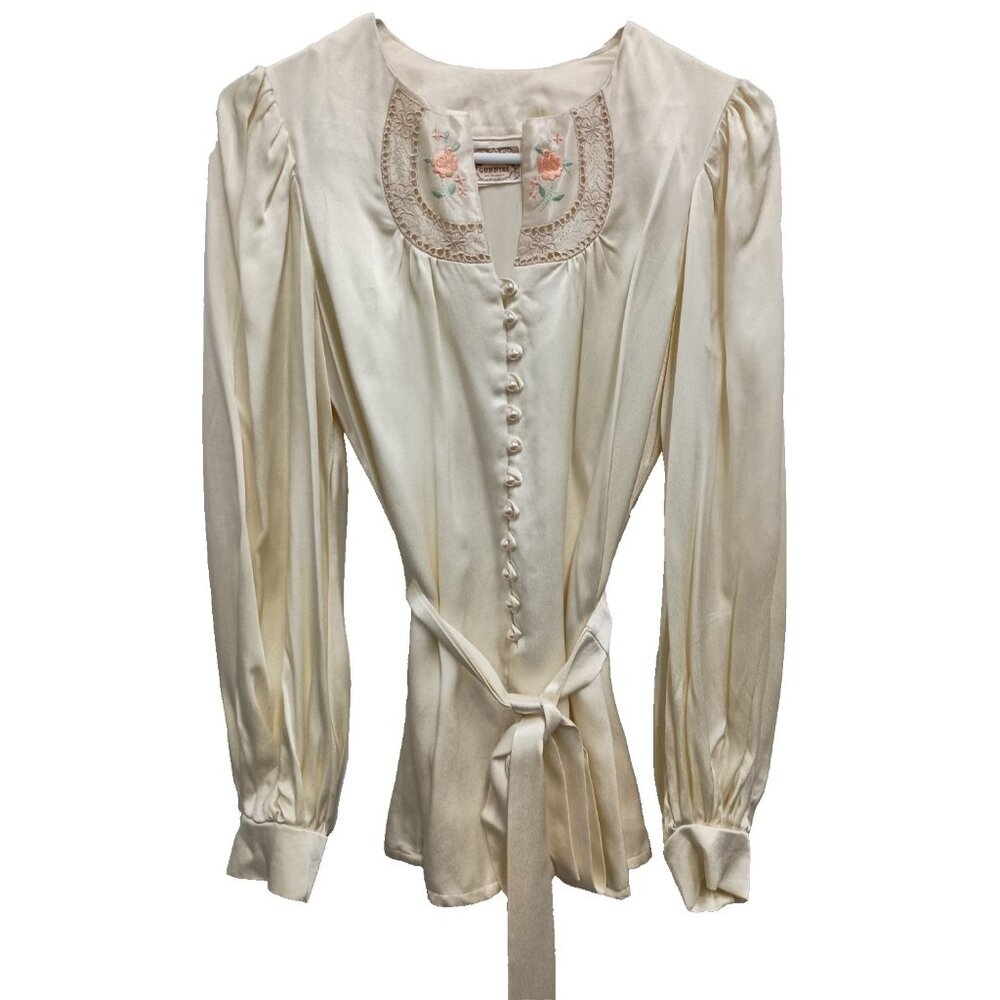 VTG Jessica's Gunnies BOHO Peasant Blouse Small Cream Satin Embroidered